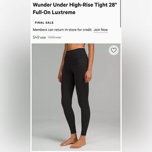 Lululemon Wunder Under High-Rise Tight 28" Luxtreme Black Leggings NWOT size 14